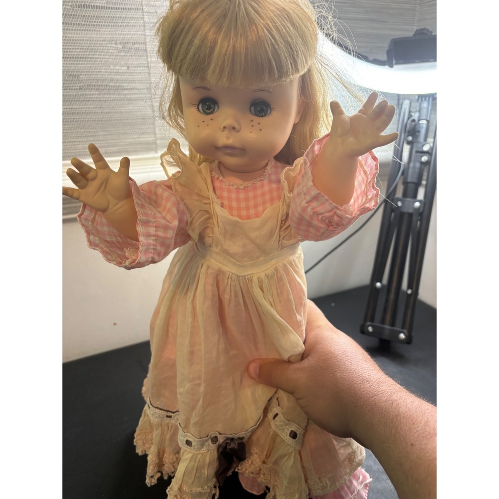 Vintage 1961 Effanbee Doll Blonde Freckles Pink Gingham Lace Dress 15 inch